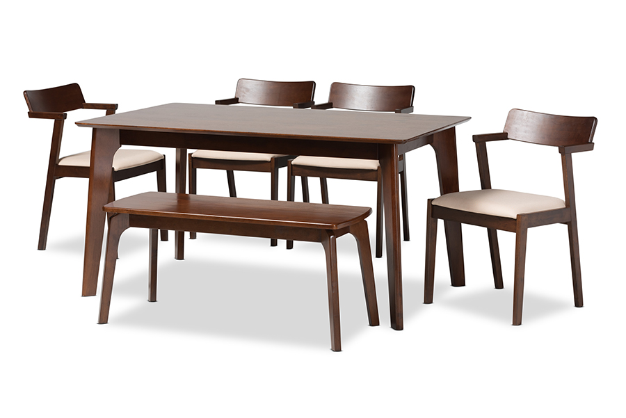 Baxton Studio Berenice Mid-Century Modern Transitional Cream Fabric and Dark Brown Finished Wood 6-Piece Dining Set