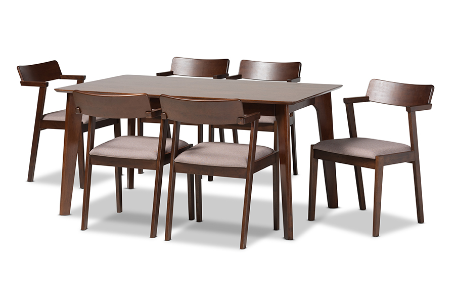 Baxton Studio Berenice Mid-Century Modern Transitional Warm Grey Fabric and Dark Brown Finished Wood 7-Piece Dining Set