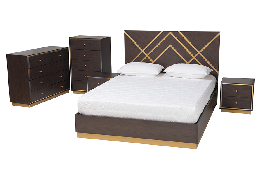 Baxton Studio Arcelia Contemporary Glam and Luxe Two-Tone Dark Brown and Gold Finished Wood Queen Size 5-Piece Bedroom Set