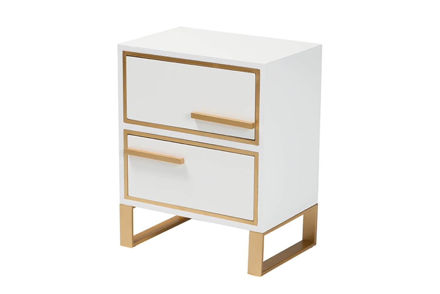 Baxton Studio Giolla Contemporary Glam and Luxe White Finished Wood and Gold Metal 2-Drawer Nightstand