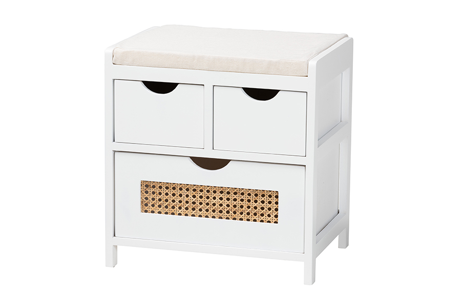 Baxton Studio Bastian Modern and Contemporary Light Beige Fabric and White Finished Wood 3-Drawer Storage Bench with Natural Rat