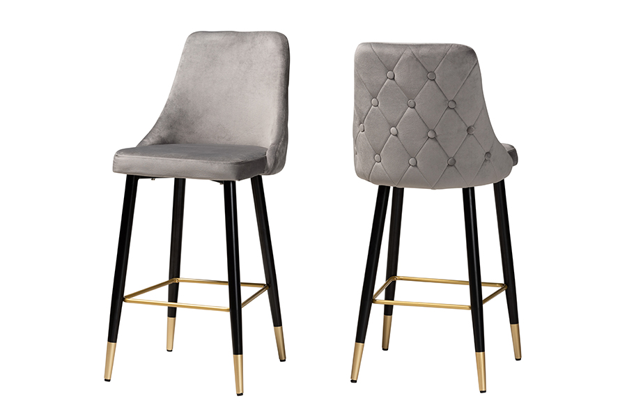 Baxton Studio Giada Contemporary Glam and Luxe Grey Velvet Fabric and Dark Brown Finished Wood 2-Piece Bar Stool Set