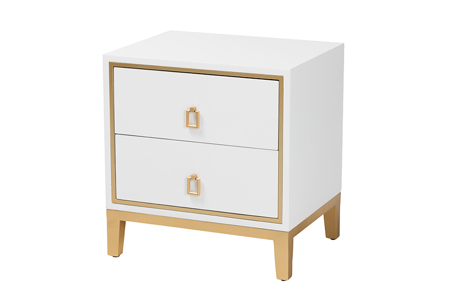 Baxton Studio Donald Modern Glam and Luxe White Finished Wood and Gold Metal 2-Drawer End Table