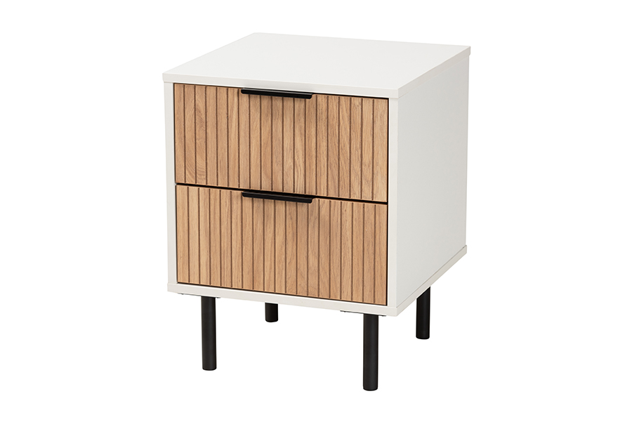 Baxton Studio Karima Mid-Century Modern Two-Tone White and Natural Brown Finished Wood and Black Metal 2-Drawer End Table