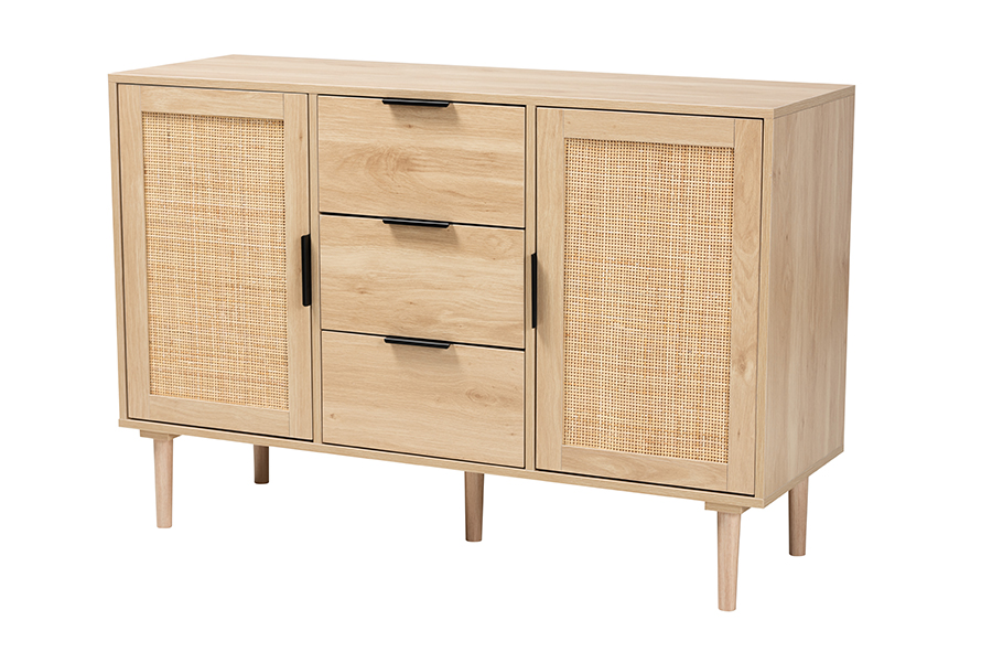 Baxton Studio Harrison Mid-Century Modern Natural Brown Finished Wood and Natural Rattan 3-Drawer Sideboard