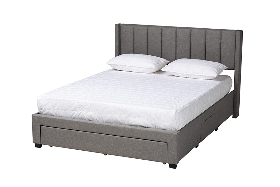 Baxton Studio Coronado Mid-Century Modern Transitional Grey Fabric Queen Size 3-Drawer Storage Platform Bed