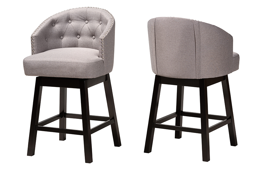 Baxton Studio Theron Mid-Century Transitional Grey Fabric and Espresso Brown Finished Wood 2-Piece Swivel Counter Stool Set