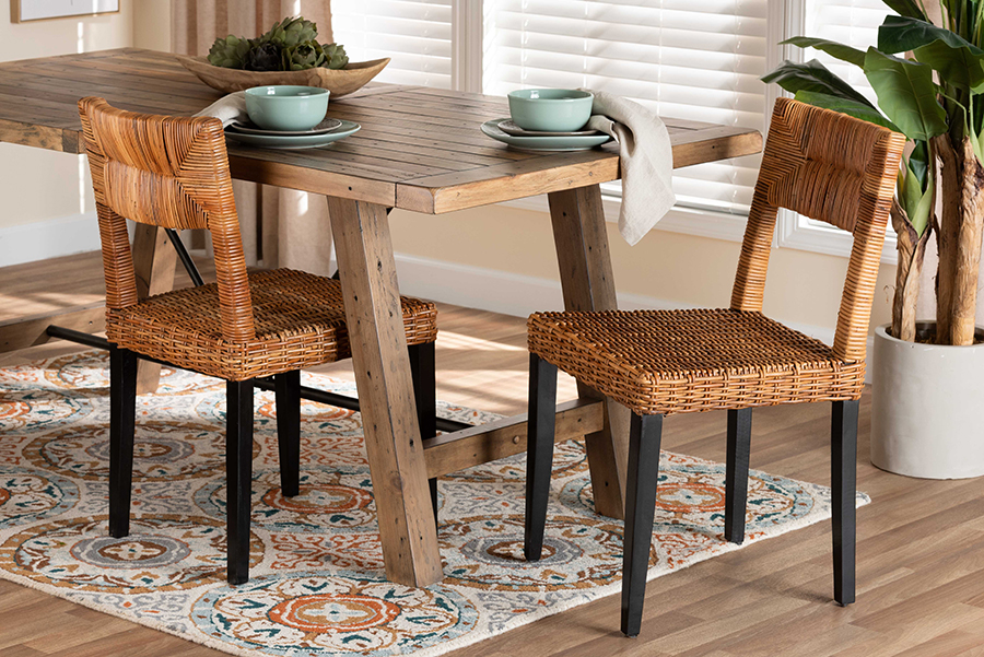 bali & pari Manrico Modern Bohemian Dark Brown Finished Wood and Natural Rattan 2-Piece Dining Chair Set