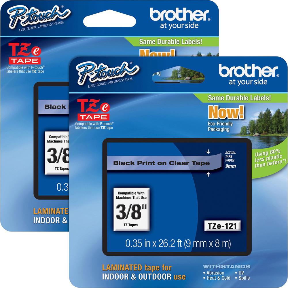 Brother P-touch TZe Laminated Tape Cartridges - 3/8" - Rectangle - Clear - 2 / Bundle - Grease Resistant, Grime Resistant, Tempe