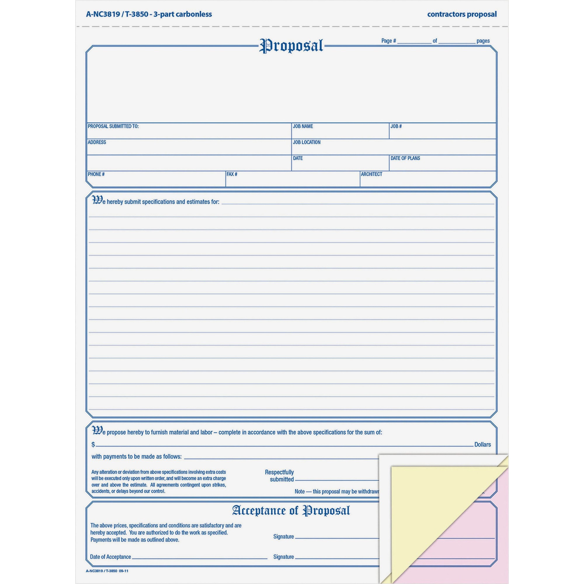 Contractor Proposal Form, 3-Part Carbonless, 8 1/2 x 11 7/16, 50 Forms