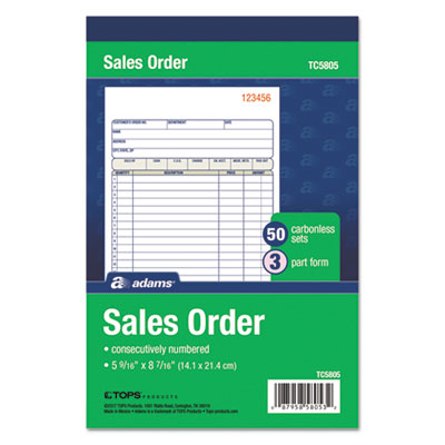 TOPS Sales/Order Book, 7 15/16 x 5 9/16, 3-Part Carbonless, 50 Sets/Book