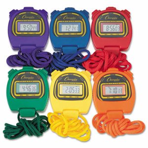 Water-Resistant Stopwatches, 1/100 Second, Assorted Colors, 6/Set