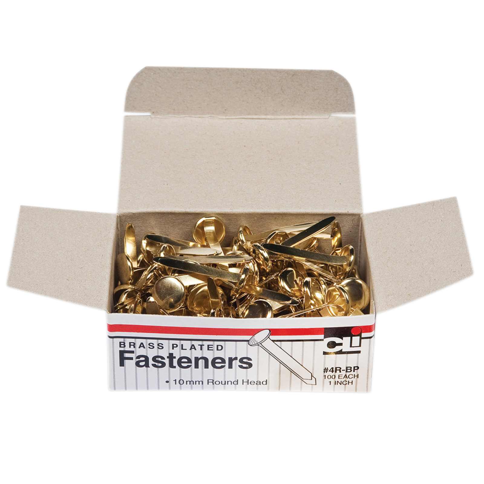 Fasteners, Round Head, Brass Plated, 1 Inch Shank, 10 mm Head, Box of 100