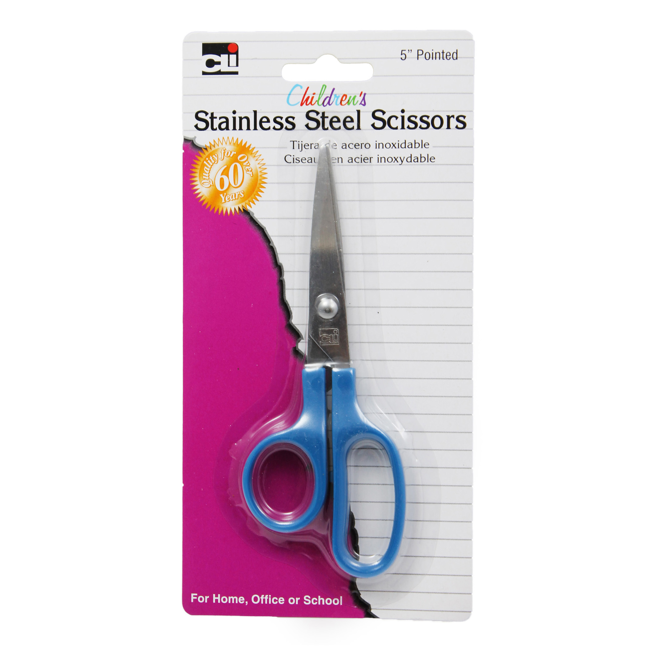 Children's Scissors, Pointed Tip, 5", Stainless Steel, Assorted Colors