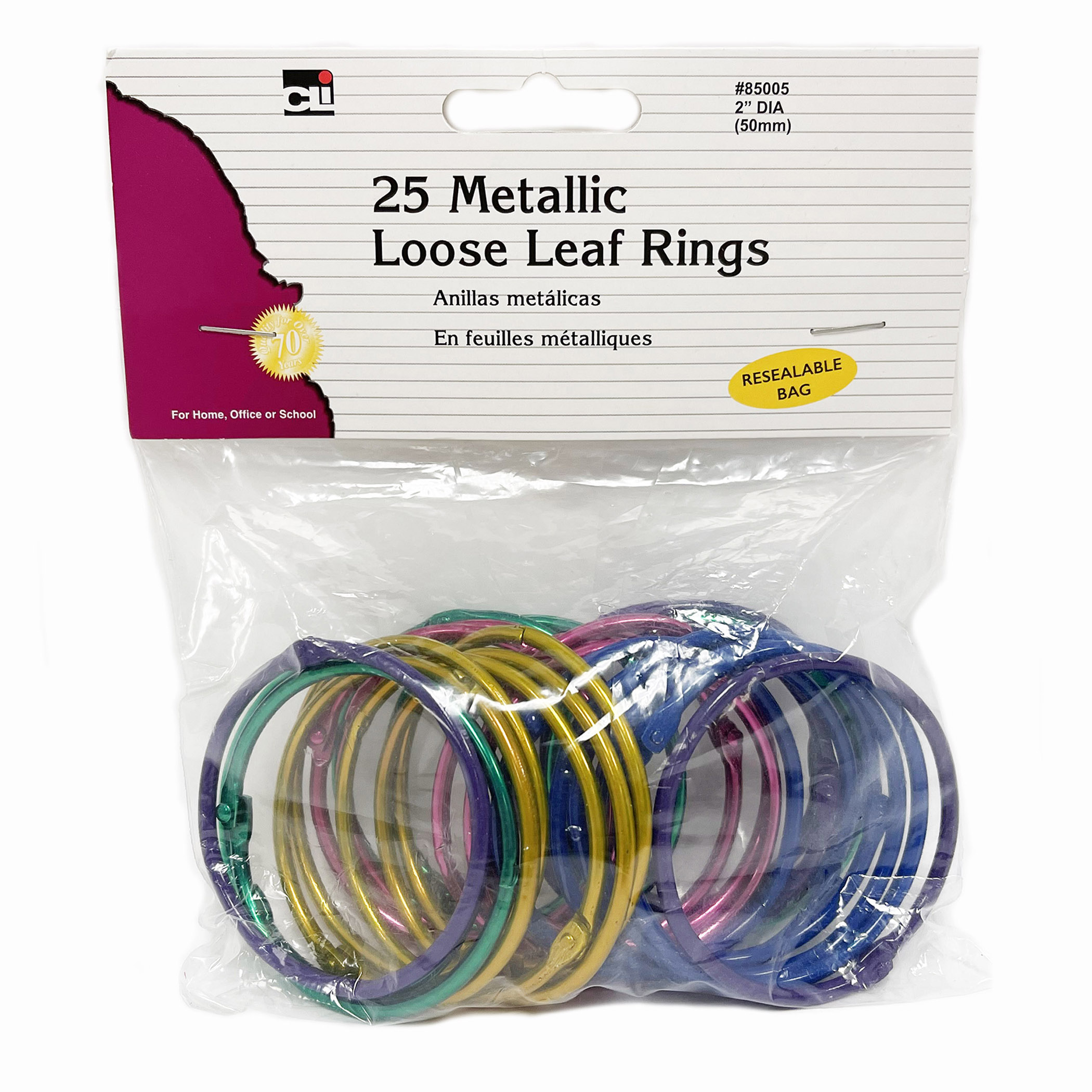 Loose Leaf Rings - 2" Diameter - Metallic Assorted Colors - Pack of 25