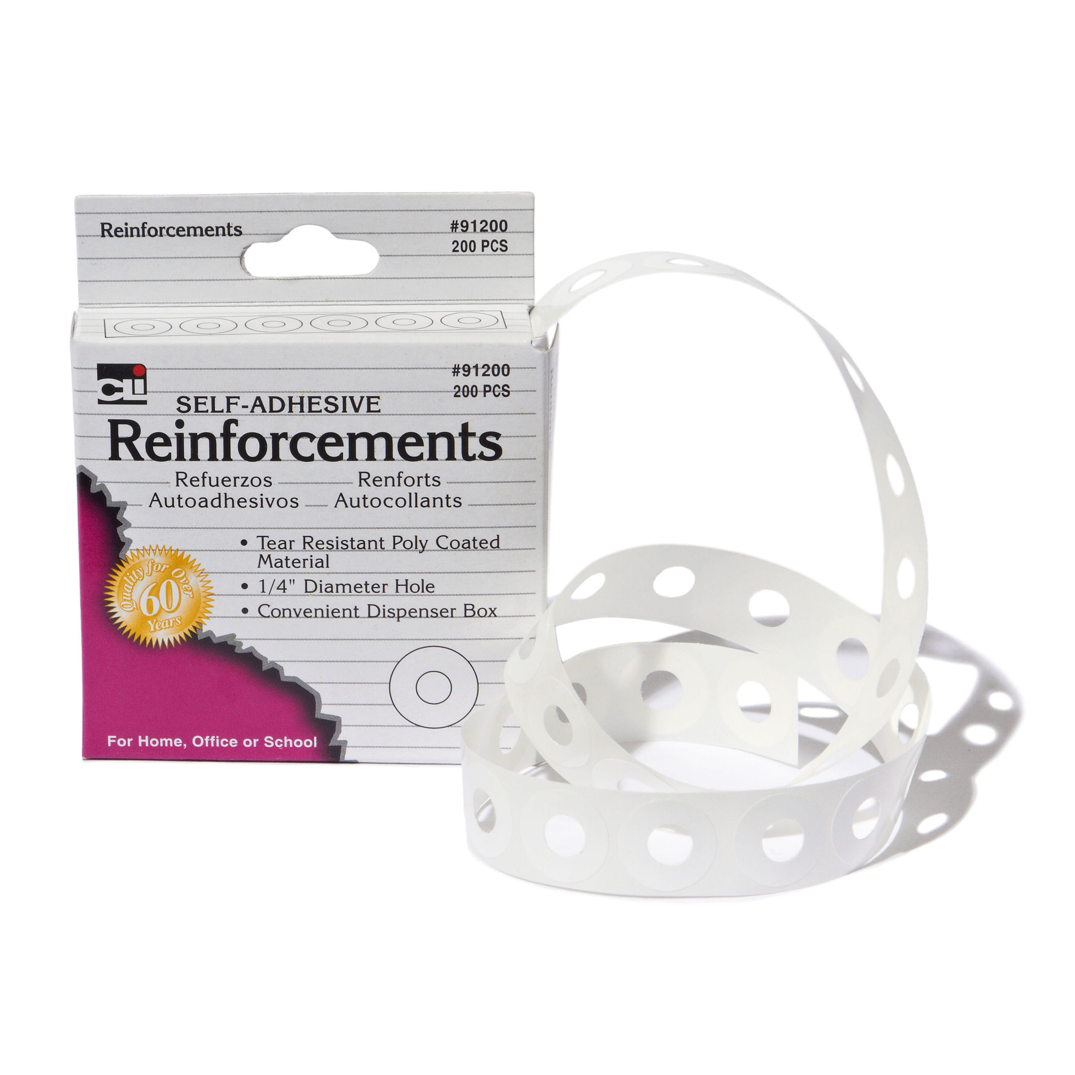 Paper Hole Reinforcements, Self-Adhesive, 1/4 Inch Holes Reinforcements in Dispenser Box, White, 200/Box