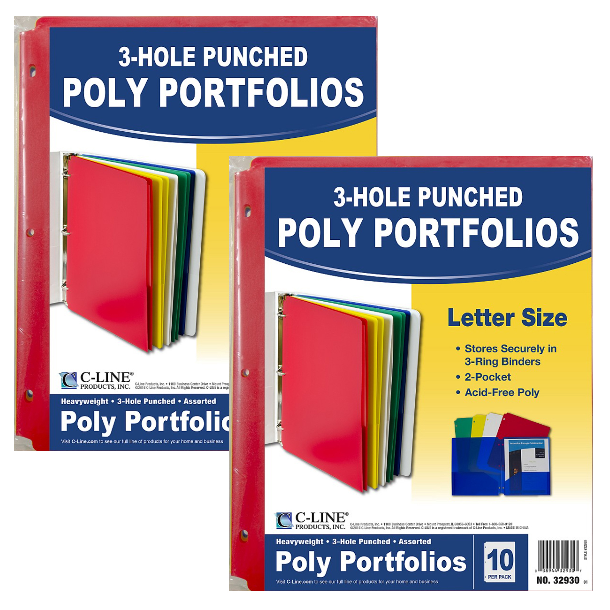 Two-Pocket Heavyweight Poly Portfolio Folder with Three-Hole Punch, Assorted Primary Colors, 10 Per Pack, 2 Packs