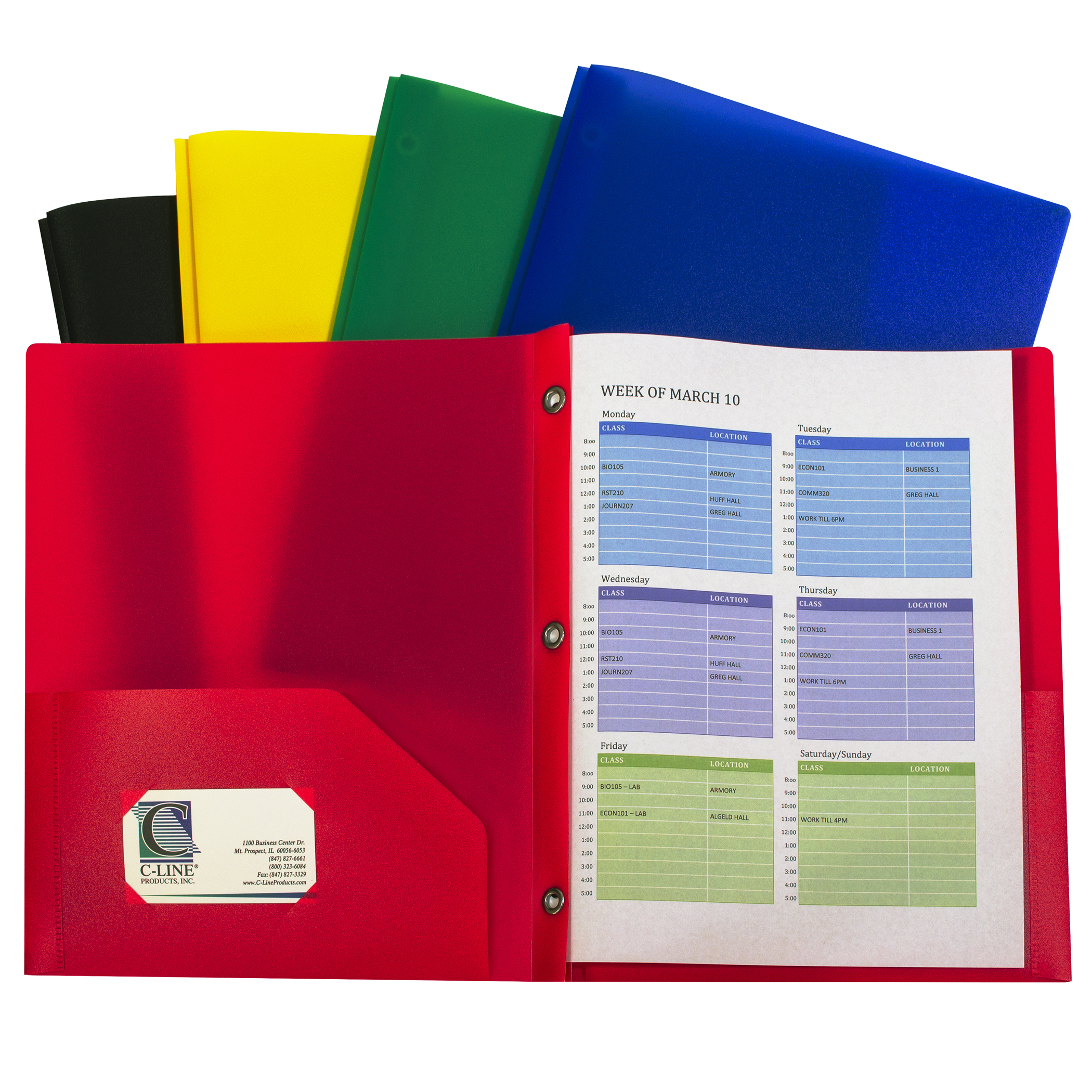 Two-Pocket Heavyweight Poly Portfolio Folder with Prongs, Assorted Primary Colors, Pack of 10