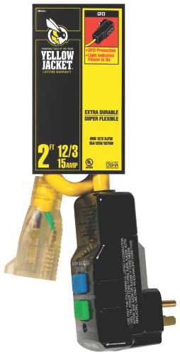 COLEMAN CABLE YELLOW JACKET� RIGHT ANGLE GFCI WITH 2 FT. 12/3 SJTW CORD AND LIGHTED RECEPTACLE, YELLOW