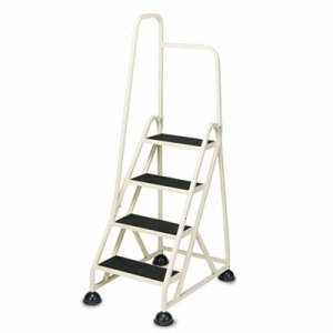 Four-Step Stop-Step Folding Aluminum Ladder w/Left Handrail, 66 1/4" High, Beige