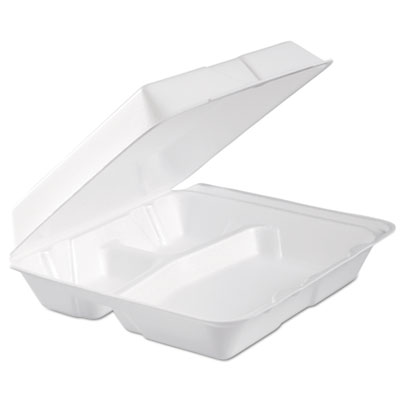 Foam Hinged Lid Container, 3-Comp, 9.3 x 9 1/2 x 3, White, 100/Bag, 2 Bag/Carton