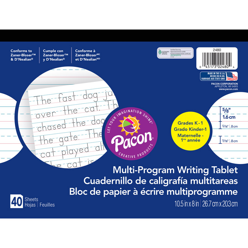 Multi-Program Handwriting Tablet, D'Nealian/Zaner-Bloser, 5/8" x 5/16" x 5/16" Ruled Long, 10-1/2" x 8", 40 Sheets