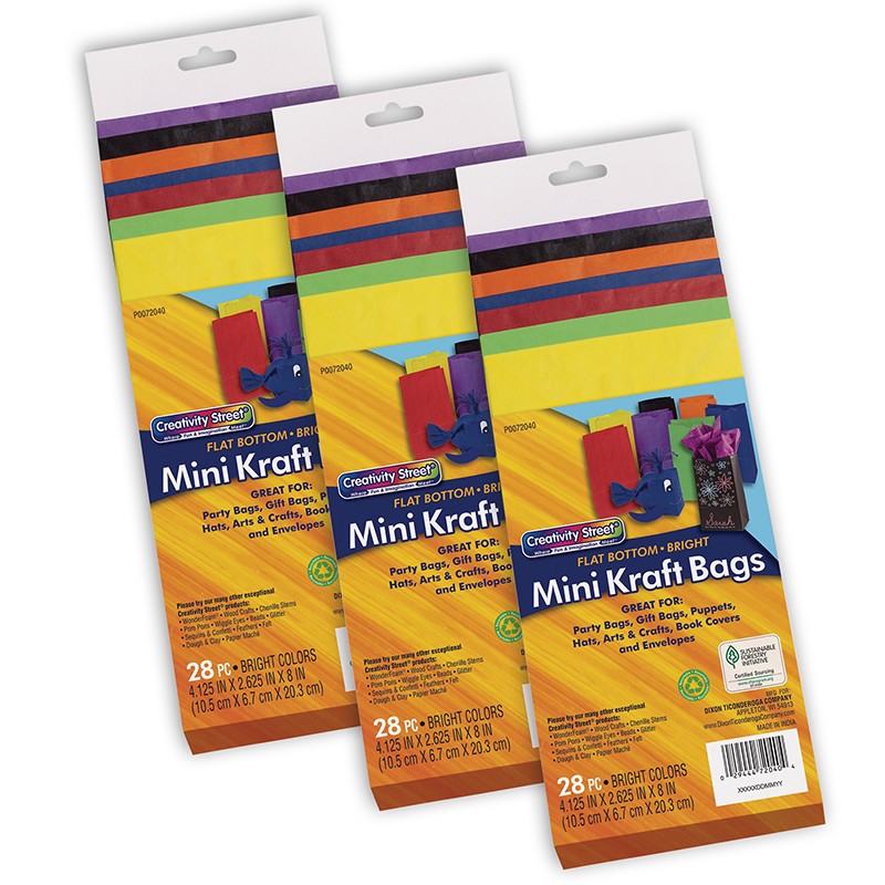 Mini Kraft Bag, Assorted Bright Colors, 4-1/8" x 2-5/8" x 8", 28 Per Pack, 3 Packs