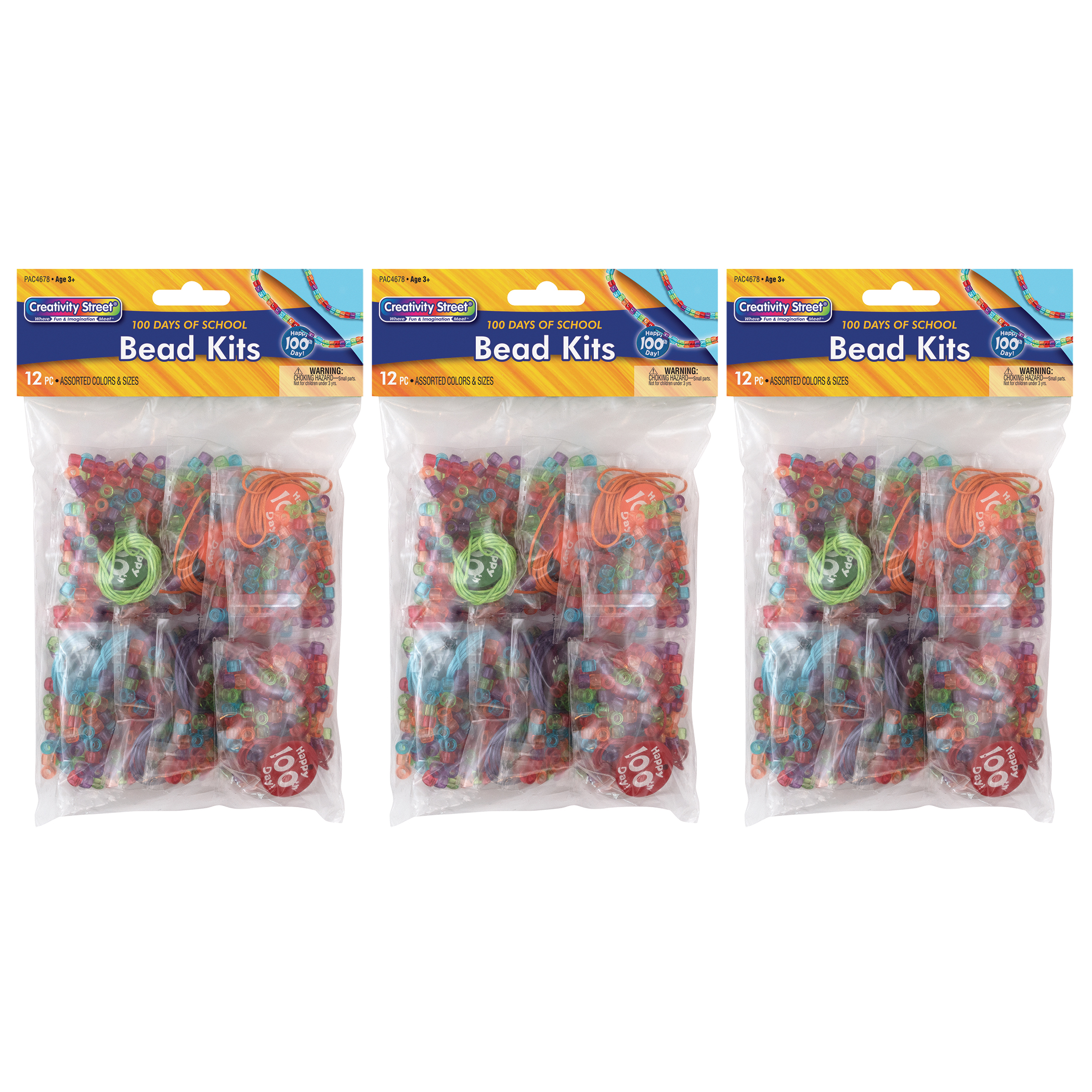 100 Days of School Bead Kit, Assorted Sizes, 12 Kits Per Pack, 3 Packs