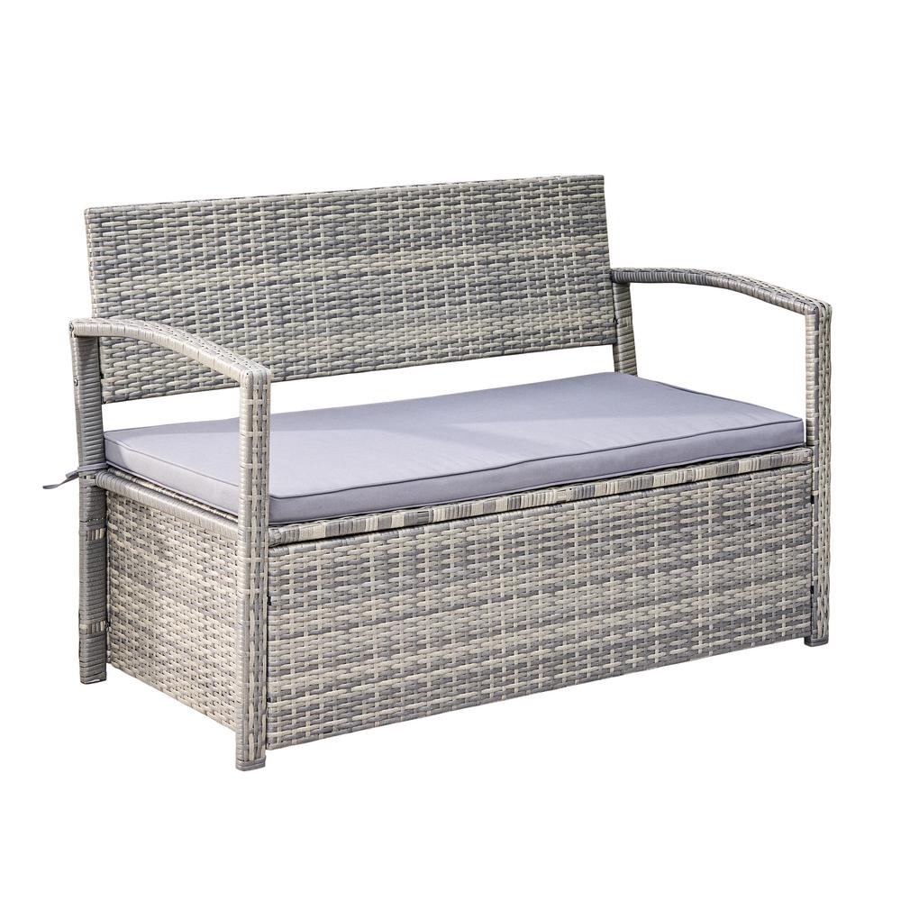 Gabrielle All-weather Resin Wicker Lounge Patio Sofa Storage Bench in Grey with Cushion