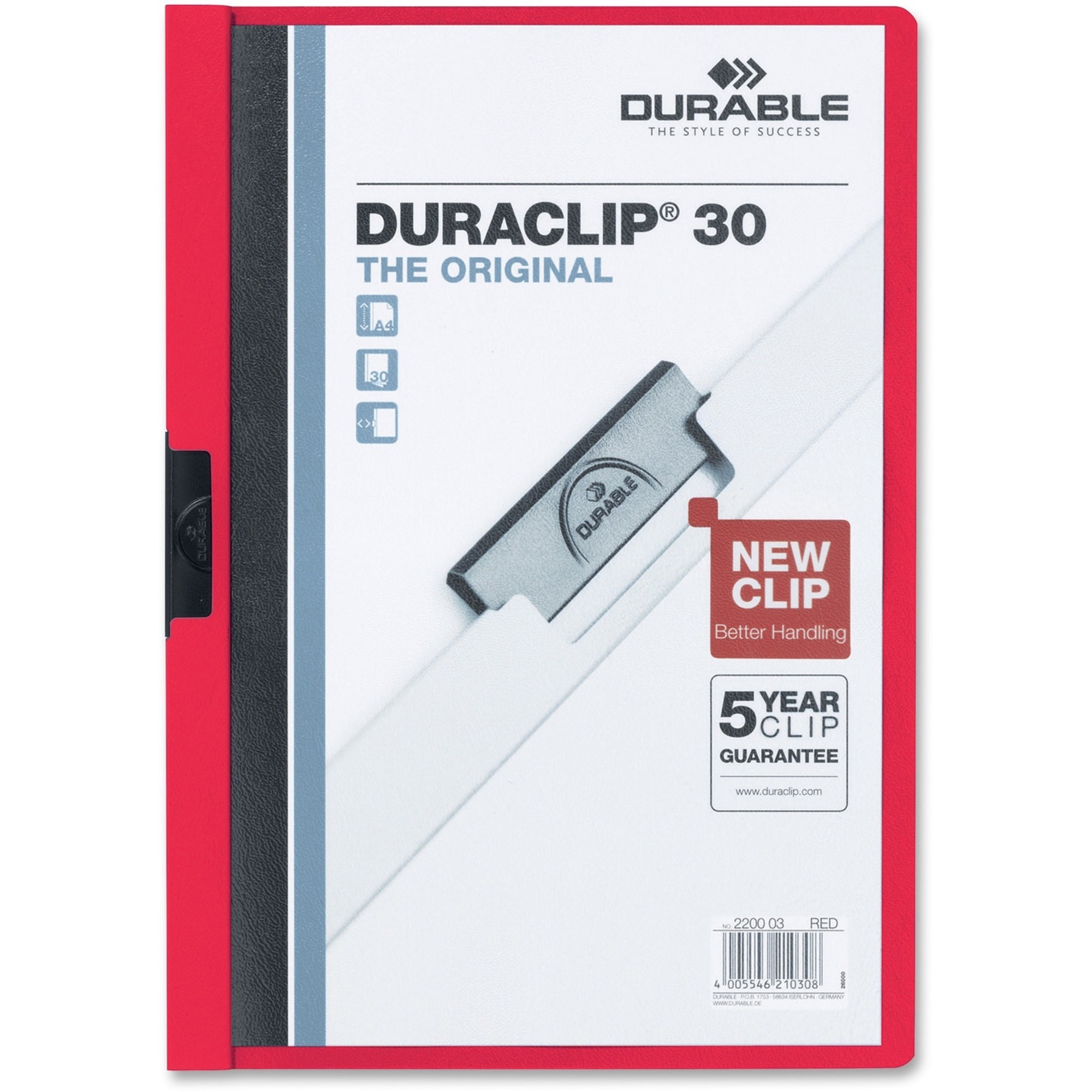 Vinyl DuraClip Report Cover w/Clip, Letter, Holds 30 Pages, Clear/Red