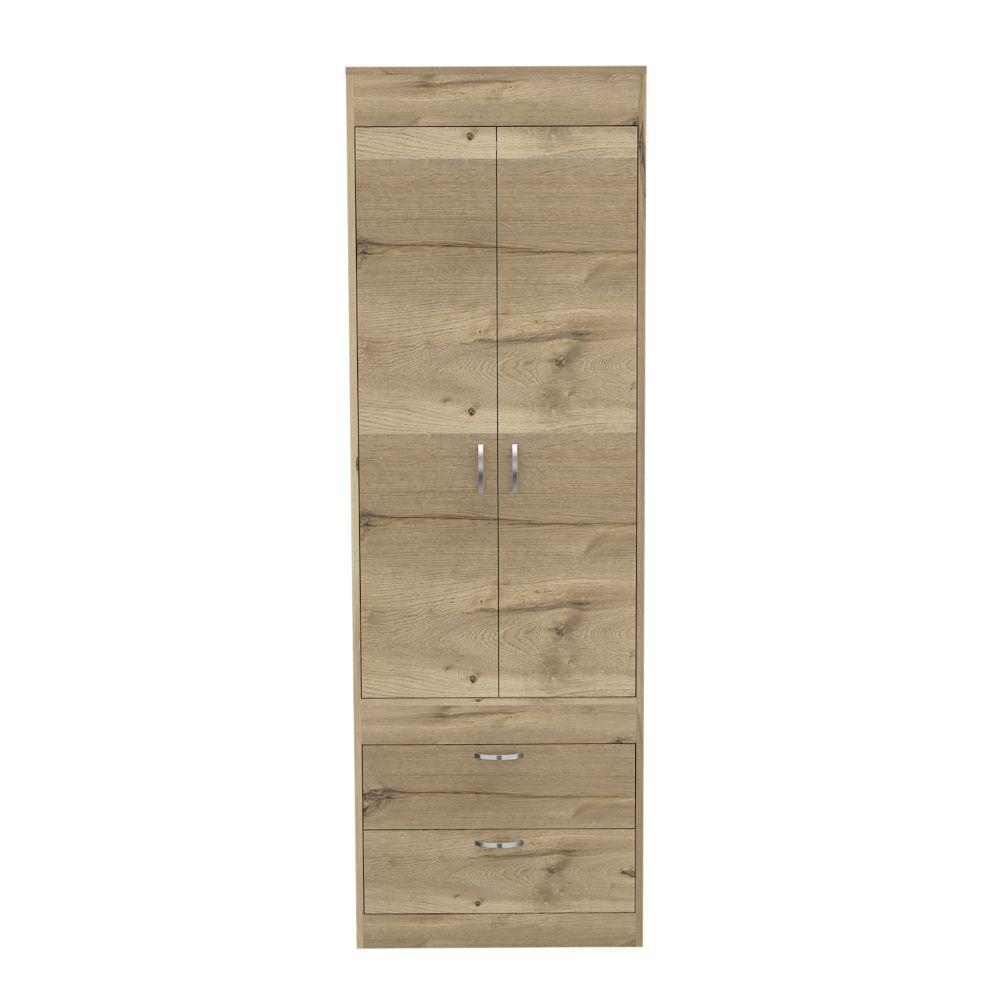 DEPOT E-SHOP Portugal Armoire, Two-Door Armoire, Two Drawers, Metal Handles, Rod, Light Oak/Black, For Bedroom