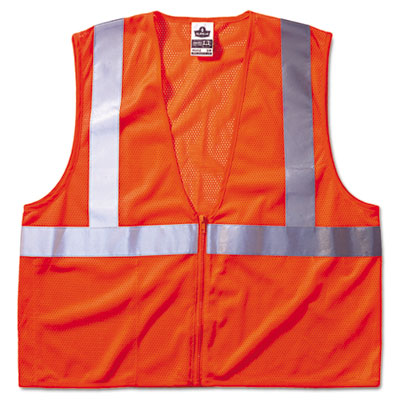 GloWear 8210Z Class 2 Economy Vest, Polyester Mesh, Zipper Closure, Orange, L/XL