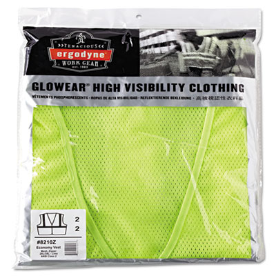GloWear 8210Z Class 2 Economy Vest, Polyester Mesh, Zipper Closure, Lime, 2L/3XL