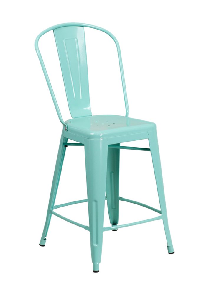 Commercial Grade 24" High Mint Green Metal Indoor-Outdoor Counter Height Stool with Back