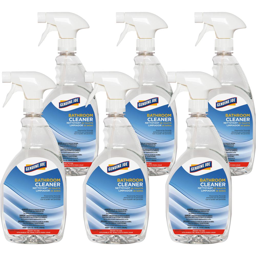Genuine Joe Peroxide-Powered Bathroom Cleaner - Ready-To-Use Spray - 32 fl oz (1 quart) - 6 / Carton - Clear