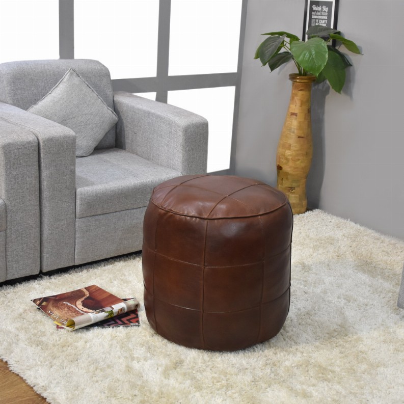 Solid Handmade Goat Leather Round Pouf (Recycled Cotton Fill)