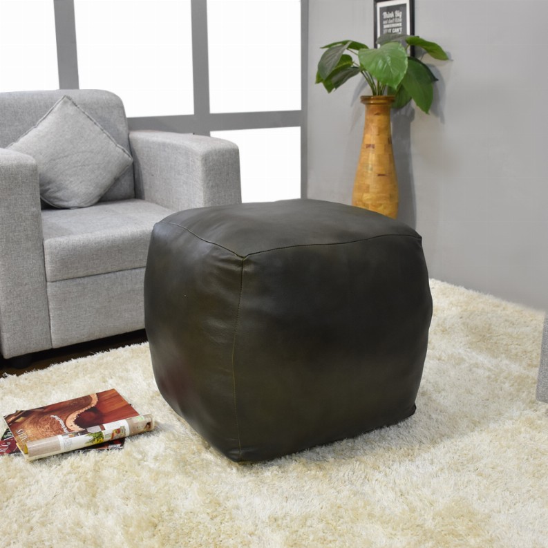 Solid Handmade Goat Leather Square Pouf (Recycled Cotton Fill)