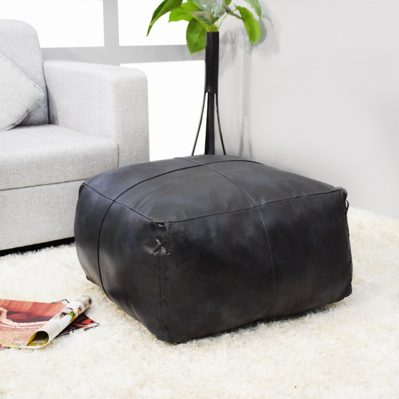 Solid Handmade Goat Leather Square Pouf (Recycled Cotton Fill)