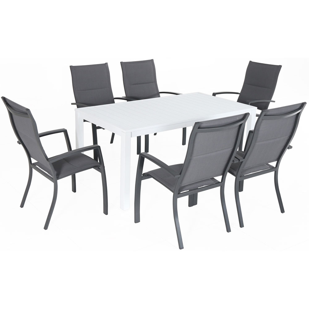 Del Mar7pc: 6 High Back Padded Sling Chairs, 63x35" Aluminum Slat Table
