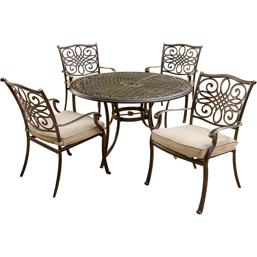 Traditions5pc: 4 Dining Chairs, 48" Round Cast Table, Includes Cover