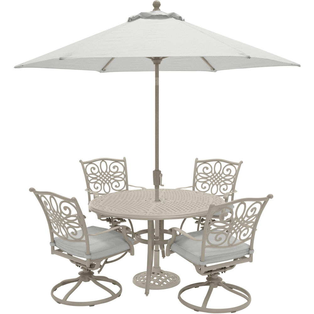 Traditions5pc: 4 Swivel Rockers, 48" Round Cast Table, Umbrella, Base