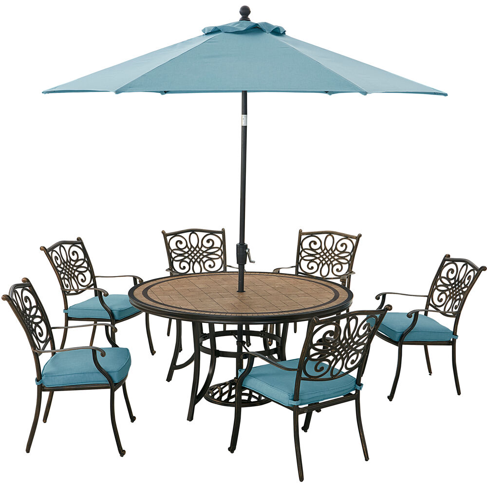 Monaco7pc: 6 Cush Stationary Chairs, 60" Round Tile Tbl, Umbrella, Base