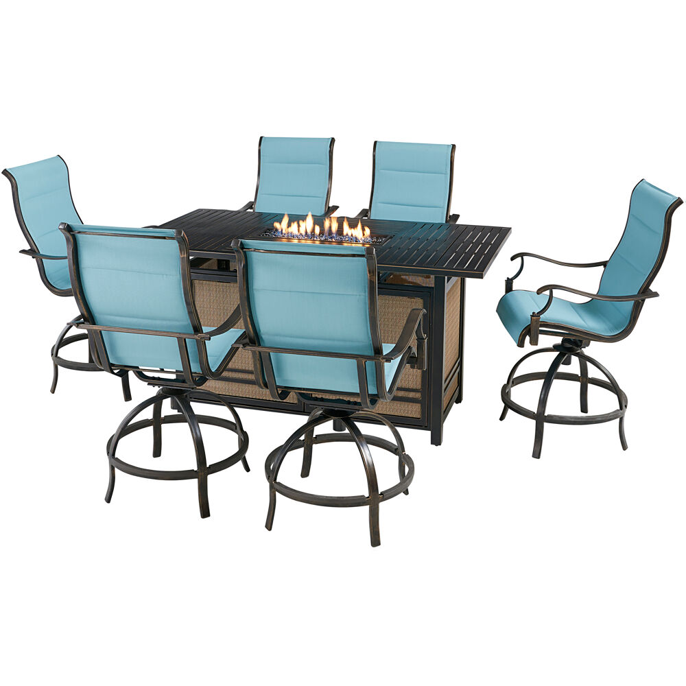 Traditions7pc: 6 Padded Swivel Counter Hght Chairs, Slat Fire Pit Tbl
