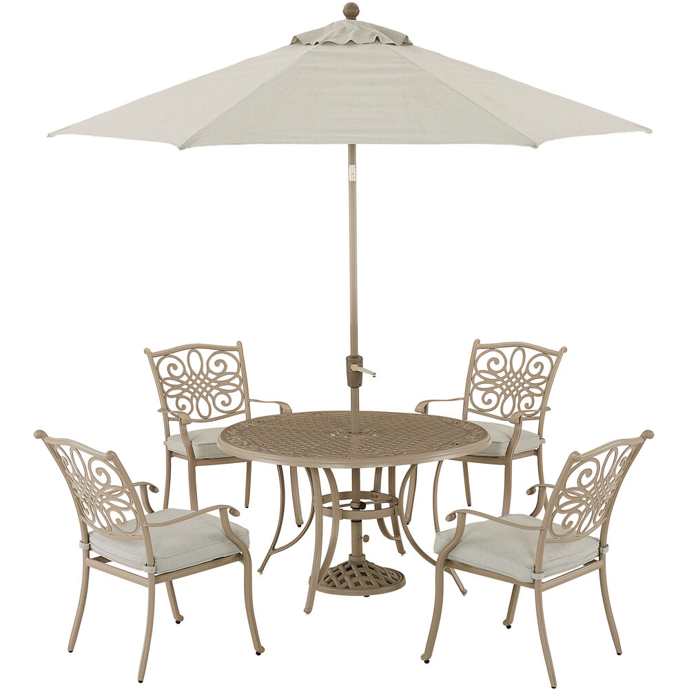 Traditions5pc: 4 Dining Chairs, 48" Round Cast Table, Umbrella & Base