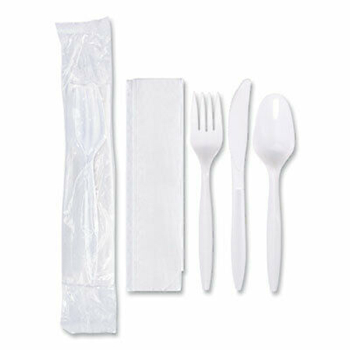 Economy Cutlery Kit, Fork/Knife/Spoon/Napkin, White, 250/Case
