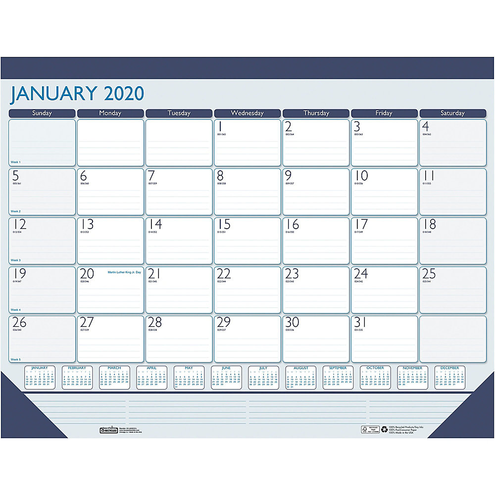 100% Recycled Contempo Desk Pad Calendar, 22 x 17, Blue, 2022