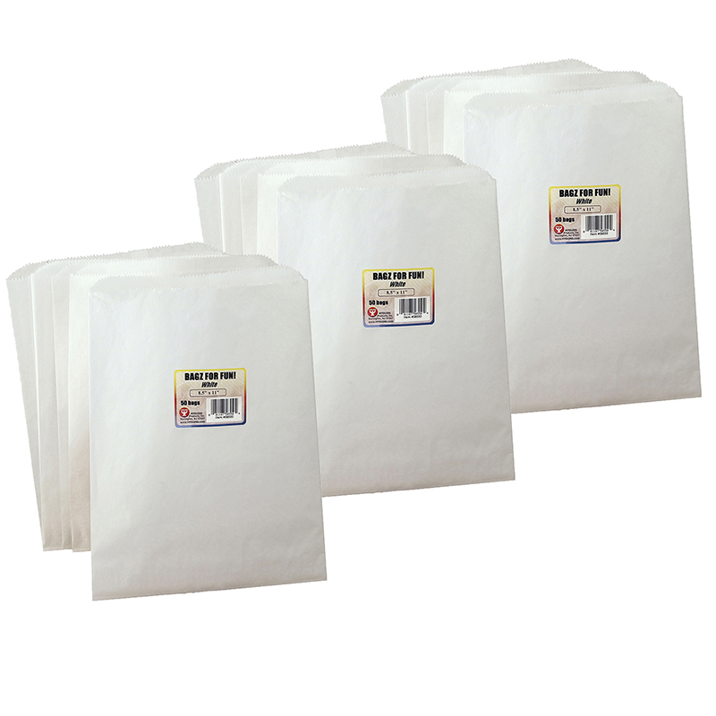 Pinch Bottom Paper Bags, 8.5" x 11", White, 50 Per Pack, 3 Packs