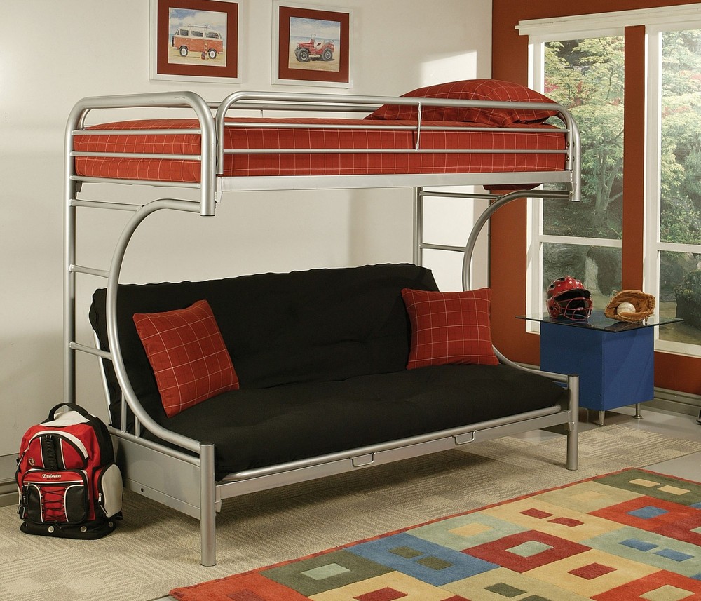 84" X 62" X 65" Twin Xl Over Queen Silver Metal Tube Futon Bunk Bed