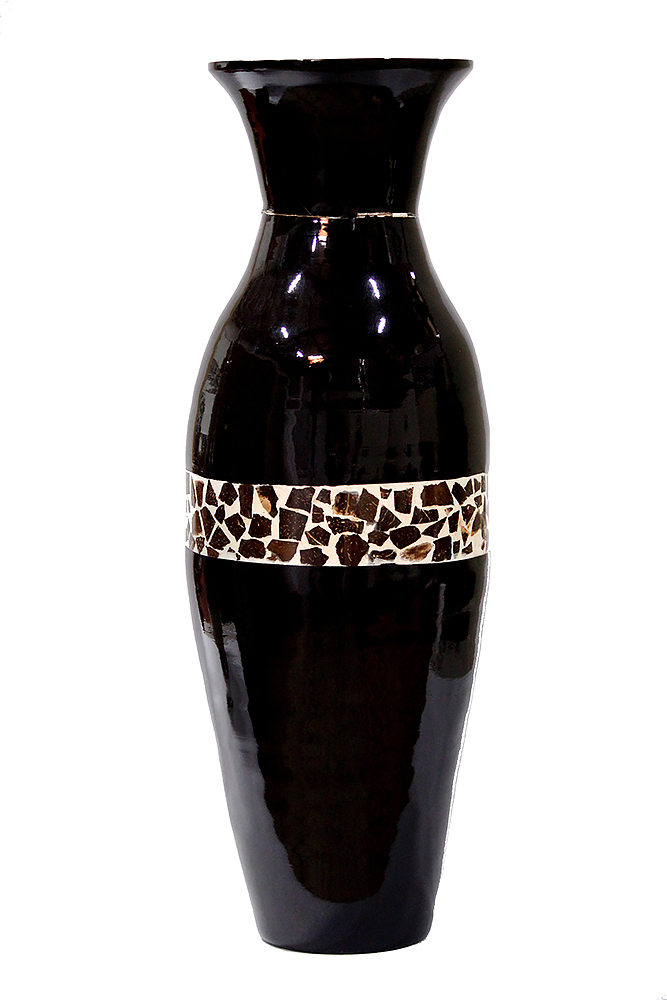 10.25" X 10.25" X 29.5" Black Lacquer with Coconut Shell Bamboo  Spun Bamboo Floor Vase