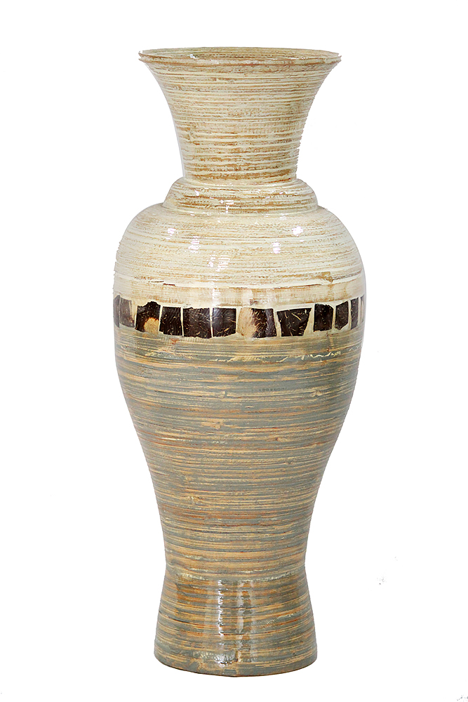 10.6" X 10.6" X 29" White And Gray with Coconut Shell Bamboo  Spun Bamboo Floor Vase